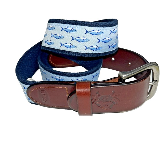 Other Other - Men's Blue Fish All Over Print‎ Canvas Leather Belt Size 30